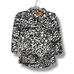 Tory Burch 100% Silk Black White‎ T Logo Print Shirt Blouse Top Tunic sz 2